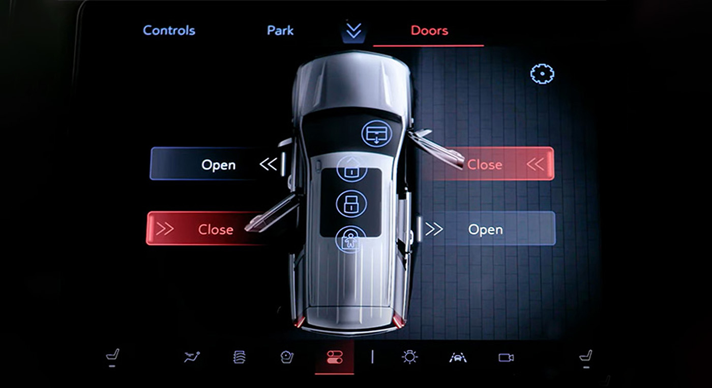 Top view of a digital car control interface showing a vehicle with door controls. Red and blue buttons indicate "Open" and "Close" options, highlighting door status.